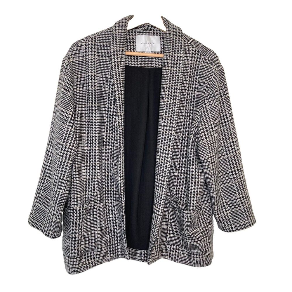 Amour Vert Houndstooth Plaid Jacket Open Front Large Wool Blend Shawl Collar